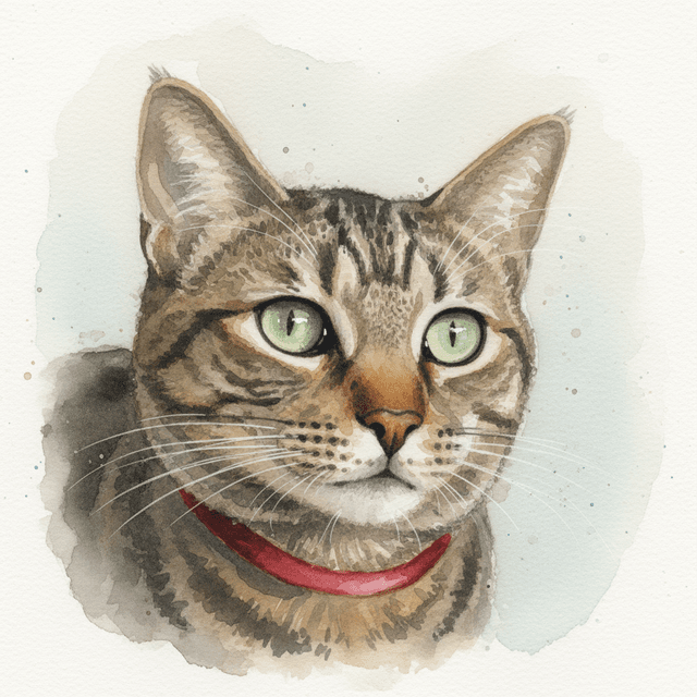 Watercolor art style applied to the cat photo