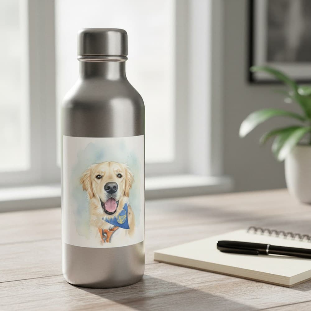 A pet portrait sticker on a water bottle