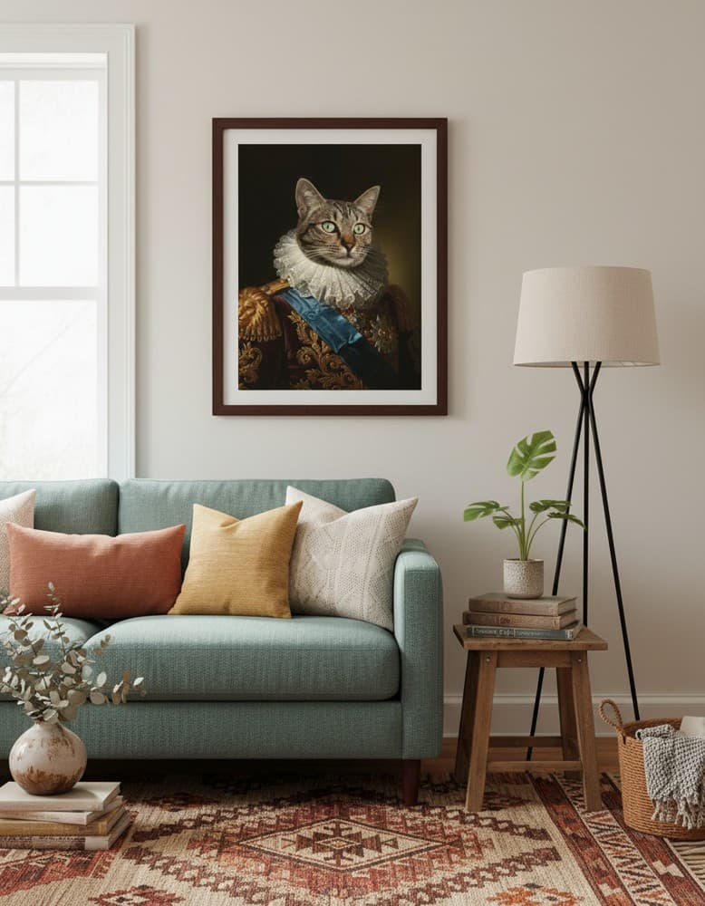 A framed pet portrait print hanging on a warm living-room wall