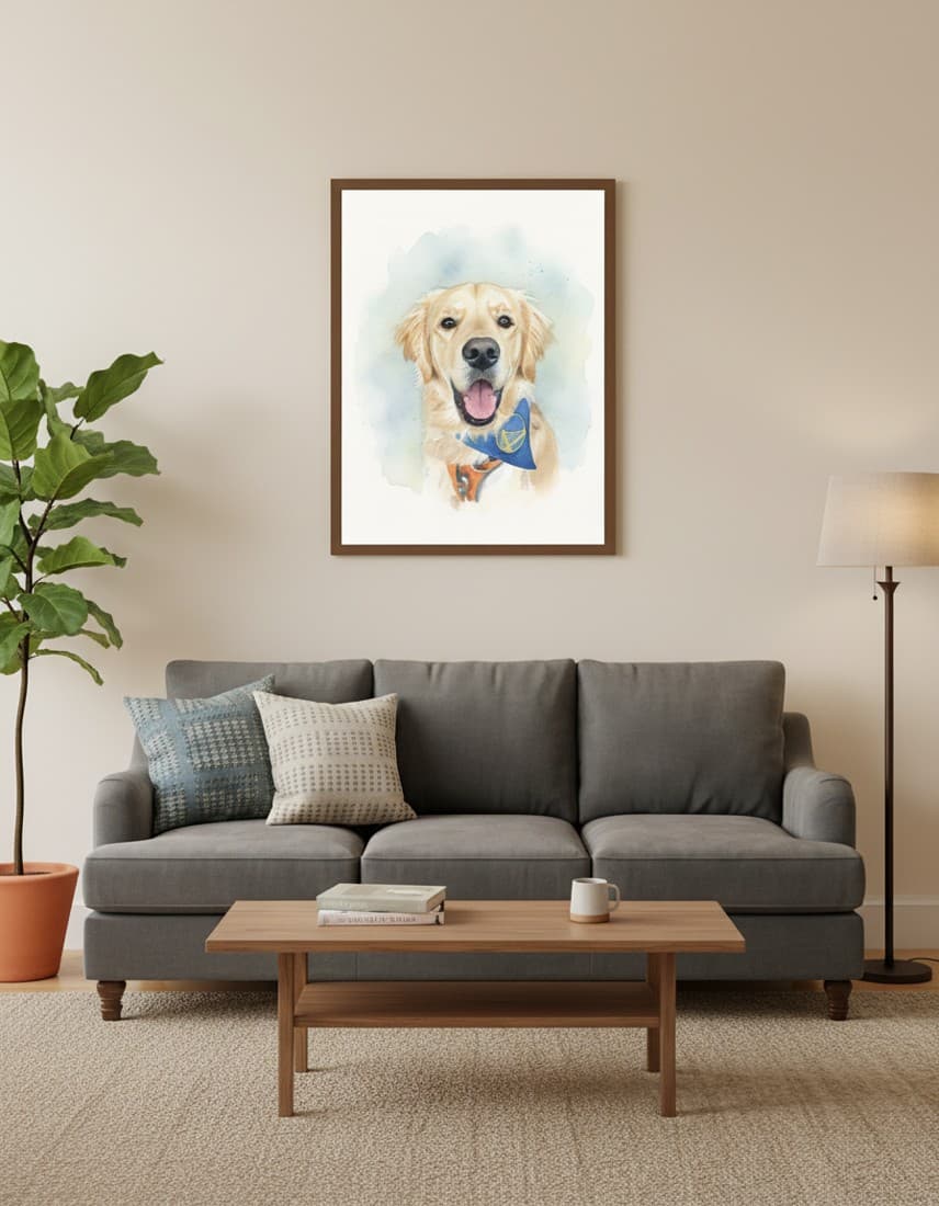 A framed canvas pet portrait in a solid wood frame, our most premium display