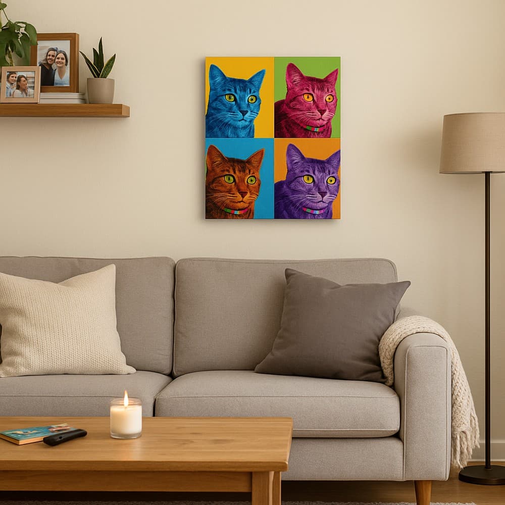 A pop-art canvas pet portrait gallery-wrapped and displayed on a wall